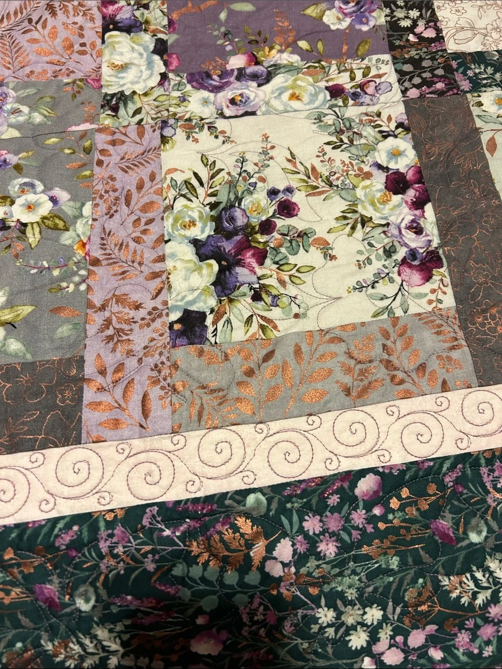 ONE OF A KIND - HANDCRAFTED Quilt in Shades of Purples, Green and Cream